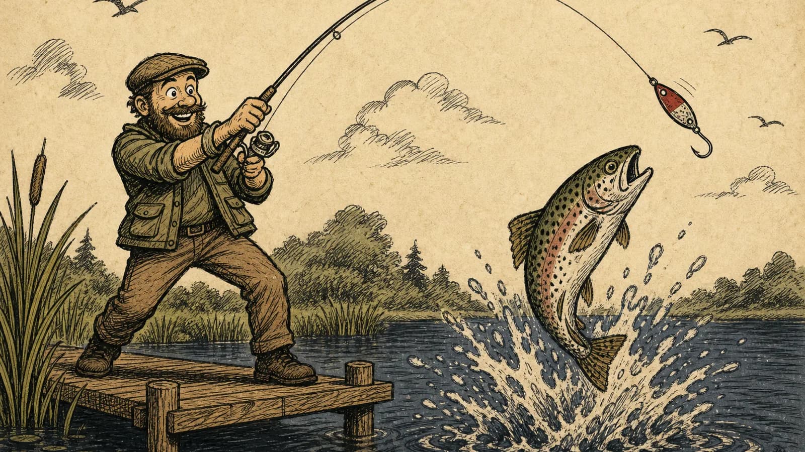 Comic-Zeichnung: Angler wirft einen Spoon vom Steg, eine große Forelle springt hinterher